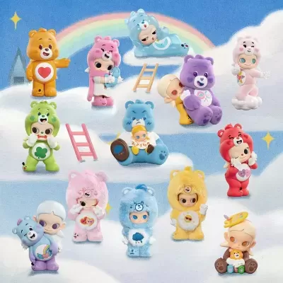 Figuras de brinquedo de personagens com fatos de ursos coloridos em fundo de nuvens e arco-íris