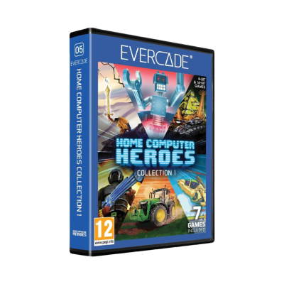 Caixa de jogo EVERCADE HOME COMPUTER HEROES COLLECTION 1 com arte colorida e texto indicativo