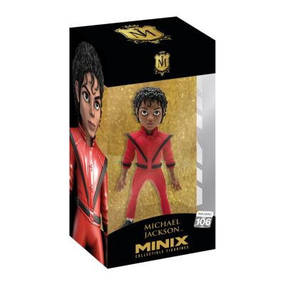 Figura colecionável Michael Jackson em caixa preta com detalhes dourados e vermelho.