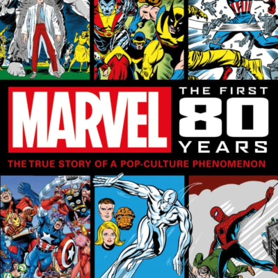 Capa colorida de publicação Marvel com personagens e texto sobre os 80 anos da Marvel