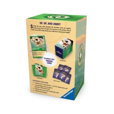 Caixa de armazenamento e cartas do jogo Lorcana em verde, azul e amarelo