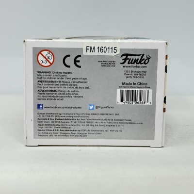 Embalagem branca e cinzenta com texto e códigos da Funko