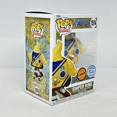 Figura Funko Pop! Sniper King da série One Piece em caixa branca com janelas transparentes