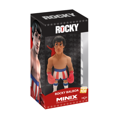 Figura colecionável Minix Rocky Balboa em caixa preta com texto e estrelas