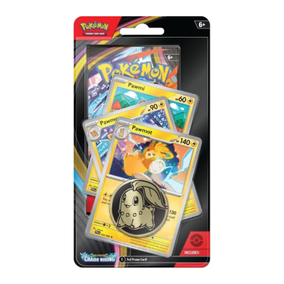 Pack de cartas Pokémon com cartas Pawmi, Pawmo, Pawmot e moeda promocional metálica.
