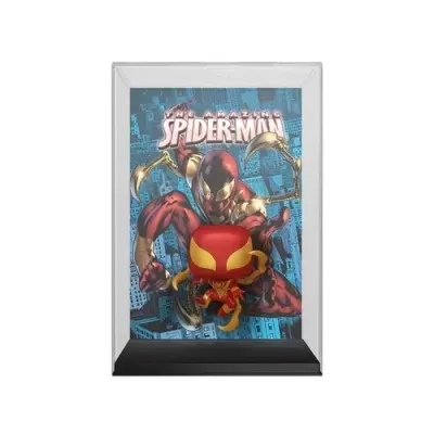Figura Funko Pop Homem-Aranha vermelho e dourado em display transparente com fundo ilustrado