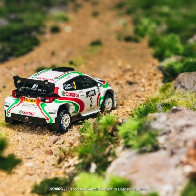 Miniatura de carro de rali branco com detalhes verdes e vermelhos em estrada de terra