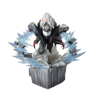 Figura colecionável de personagem em pose dinâmica com efeitos de energia azul e base cinza