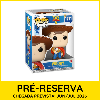Figura Funko Pop! Woody Toy Story 5 em caixa com fundo amarelo e texto de pré-reserva.