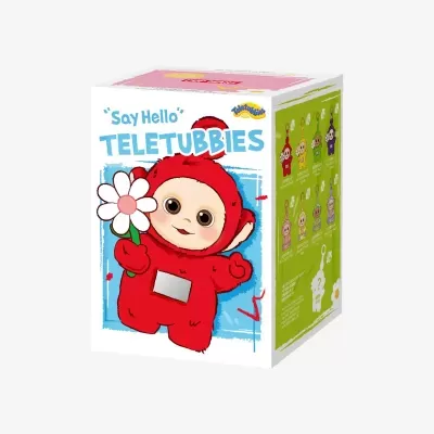 Caixa de brinquedo Teletubbies com personagem vermelho segurando flor