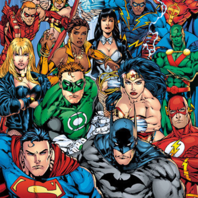 Ilustração colorida de super-heróis em trajes vibrantes