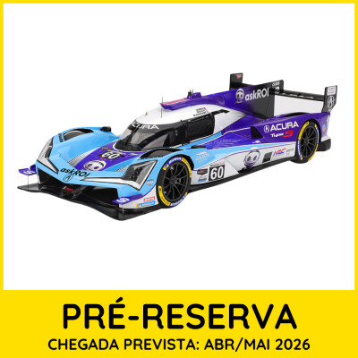 Modelo de carro de corrida Acura tipo 5 azul, branco e roxo com pneus Michelin e logos variados