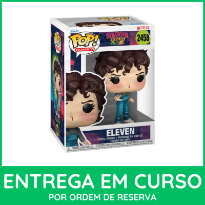 Boneco Funko Pop Eleven da série Stranger Things numa caixa com texto ELEVEN e número 2458