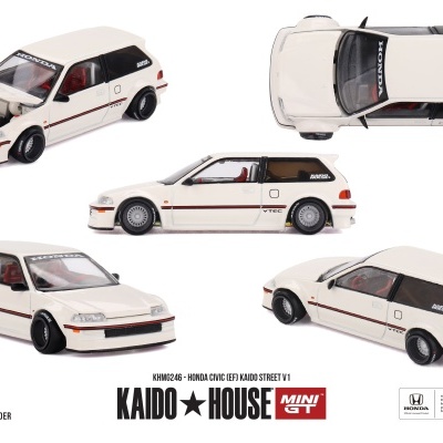 Miniatura branca de carro Honda Civic com detalhes vermelhos e pretos vista de vários ângulos
