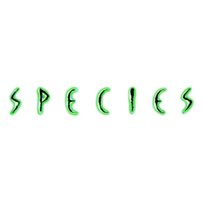 Texto SPECIES em letras pretas com contorno verde brilhante sobre fundo branco