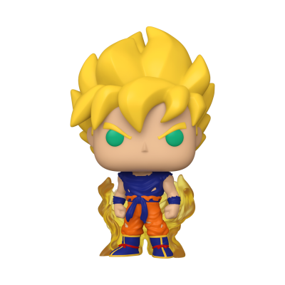 Figura Funko Pop de Goku com cabelo amarelo e roupa azul e laranja