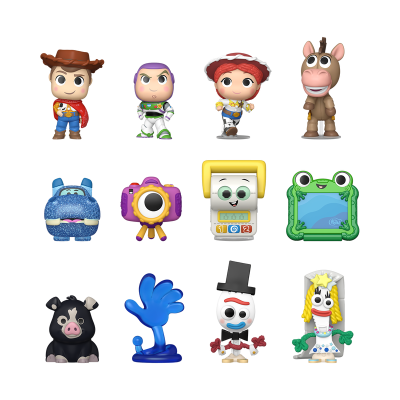 12 bonecos estilizados de personagens de Toy Story em fundo branco