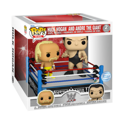 Caixa Funko Pop! WWE com figuras de Hulk Hogan e Andre The Giant num ringue