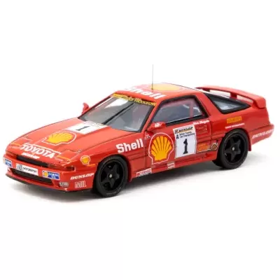 Miniatura de carro de corrida vermelho com logótipos e número 1 em fundo branco