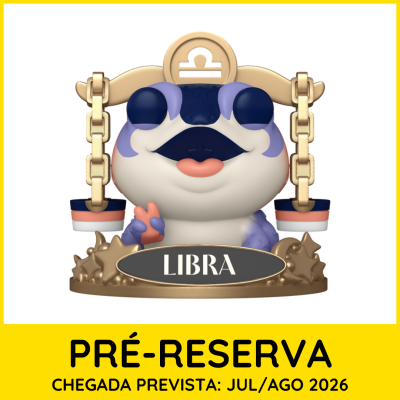 Figura colecionável de rã tema Libra com base dourada e texto LIBRA