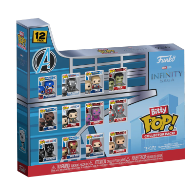 Embalagem de brinquedo Funko Bitty Pop! com 12 miniaturas de personagens Marvel Avengers