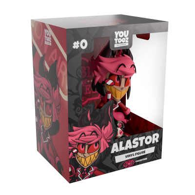 Caixa de figura de vinil Alastor da coleção Hazbin Hotel com personagem rosa e vermelho
