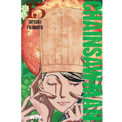 Capa do manga Chainsaw Man volume 16, personagem com capacete bege, lágrimas vermelhas, fundo verde e vermelho.