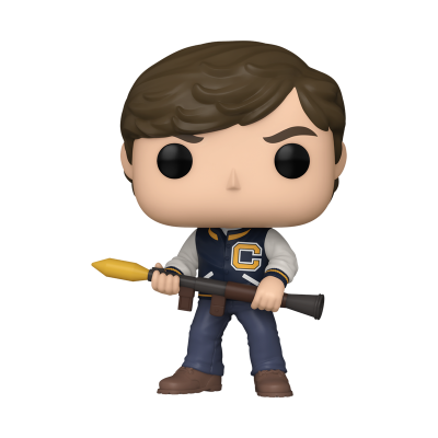 Figura colecionável Funko Pop com casaco azul e arma com foguete amarelo