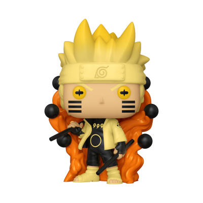 Figura Funko Pop do personagem Naruto com cabelo amarelo, roupa amarela e preta, segurando armas e acessórios laranja e pretos