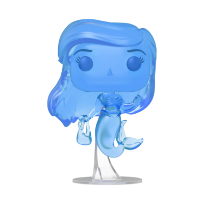 Figura Funko Pop azul translúcido de sereia sobre suporte transparente