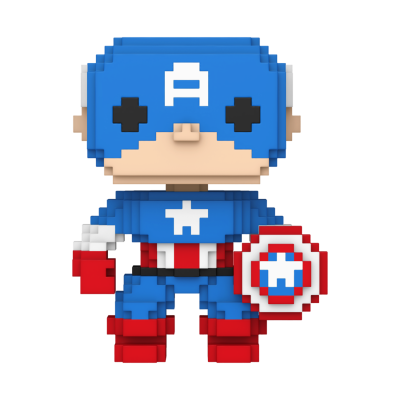 Figura pixel art Capitão América em plástico com escudo vermelho, branco e azul.