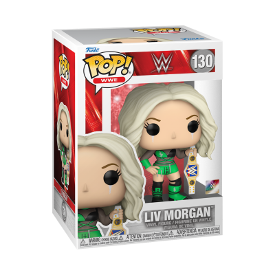 Figura Funko Pop! WWE Liv Morgan com traje verde e preto e cinturão de campeão