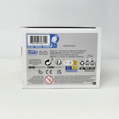 Caixa de produto Funko Pop branca com texto informativo e códigos de barras