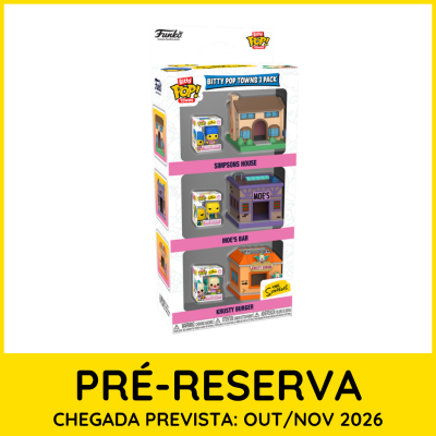 Conjunto Funko Pop Bitty Pop Towns 3 peças com casas dos Simpsons e aviso de pré-reserva em português.