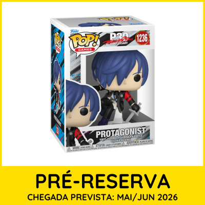 Funko Pop Protagonist com cabelo azul e roupa preta e vermelha dentro de caixa branca com janela de visualização.