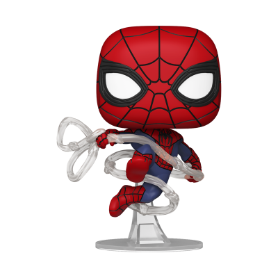 Figura Funko Pop do Homem-Aranha com teias translúcidas e base transparente.