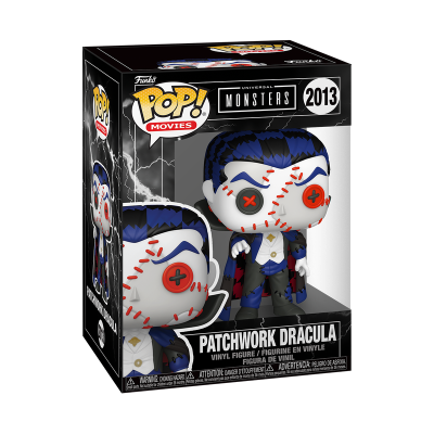 Figura de vinil Patchwork Dracula da Funko Pop! Movies Universal Monsters 2013 embalada numa caixa preta.