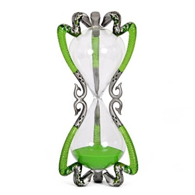 Ampulheta com estrutura metálica prateada e verde e areia verde