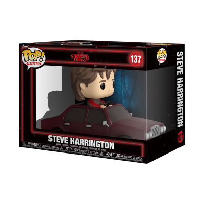 Figura Pop! Rides Steve Harrington em carro vermelho na embalagem preta e vermelha