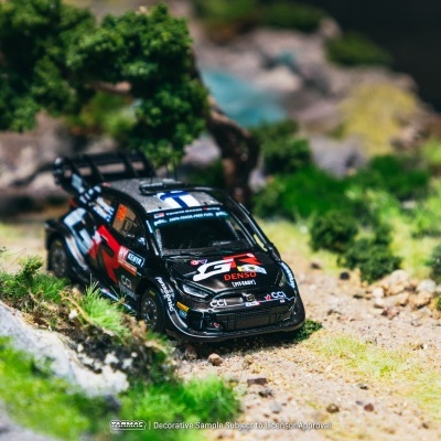 Carro de rali em miniatura preto com texto e cenário natural em miniatura