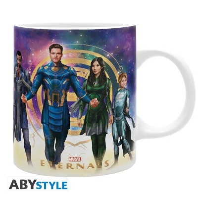 Caneca branca com personagens do filme Eternals da Marvel em cores vibrantes