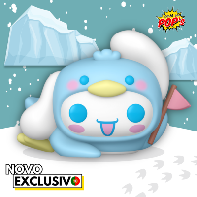 Boneco de pelúcia azul e branco com bandeira em fundo de icebergues e neve