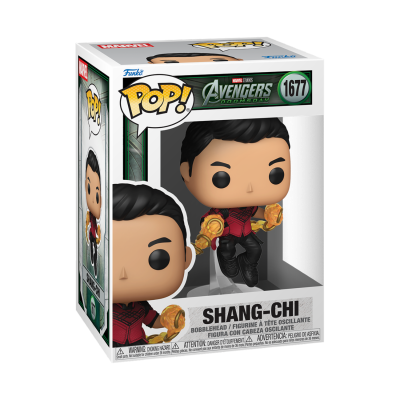 Figura Funko Pop de vinil Shang-Chi da Marvel Studios em caixa branca com texto e advertências