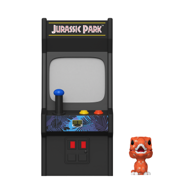 Mini consola arcade preta Jurassic Park com joysticks coloridos e figura de dinossauro laranja