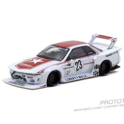 Carro de corrida em miniatura branco e vermelho com número 23 e decoração Liberty Walk