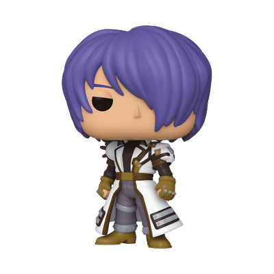 Figura Funko Pop com cabelo roxo e roupa branca e castanha