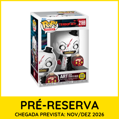Figura Funko Pop! Art with Steves Head do filme Terrifier em embalagem de pré-reserva com texto amarelo