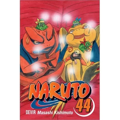 Capa do manga Naruto 44 com ilustração de rãs coloridas e personagem pequeno sentado