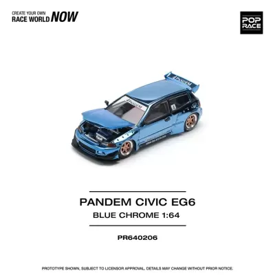 Miniatura de carro azul cromo Pandem Civic EG6 com rodas douradas e capô aberto.
