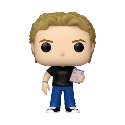 Figura Funko Pop com cabelo loiro, roupa preta e azul, a segurar papel cor-de-rosa.